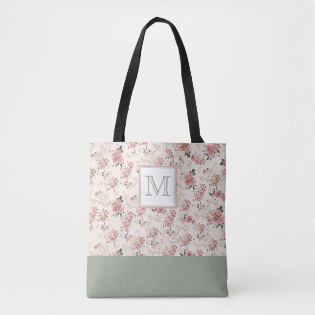 Bolsa Tote Vintage Floral Pink Green Monograma (Frente)