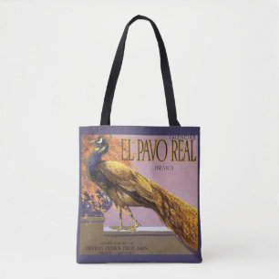 Bolsa Tote Vintage Fruta Rótulo de Crato Art El Pavo Peacock