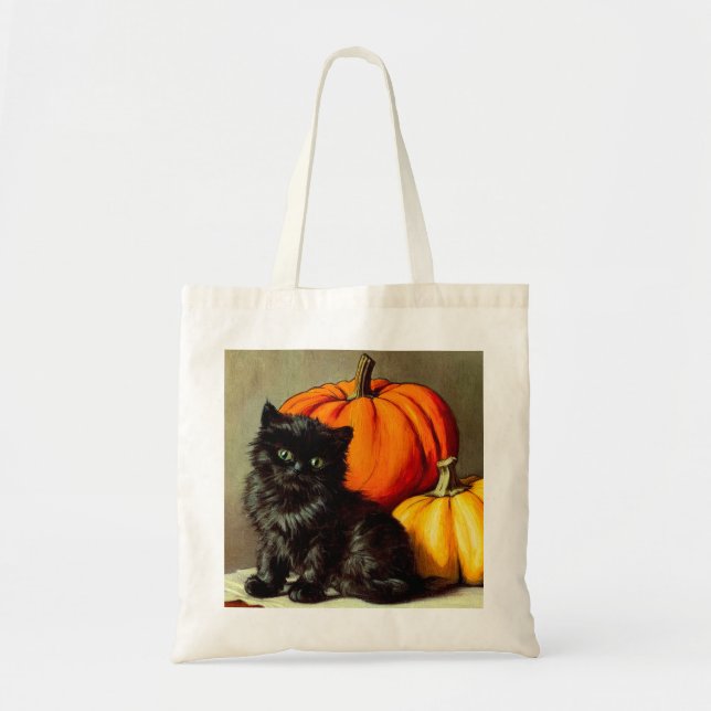 Bolsa Tote Vintage Halloween Black Cat e Pumpkins (Frente)