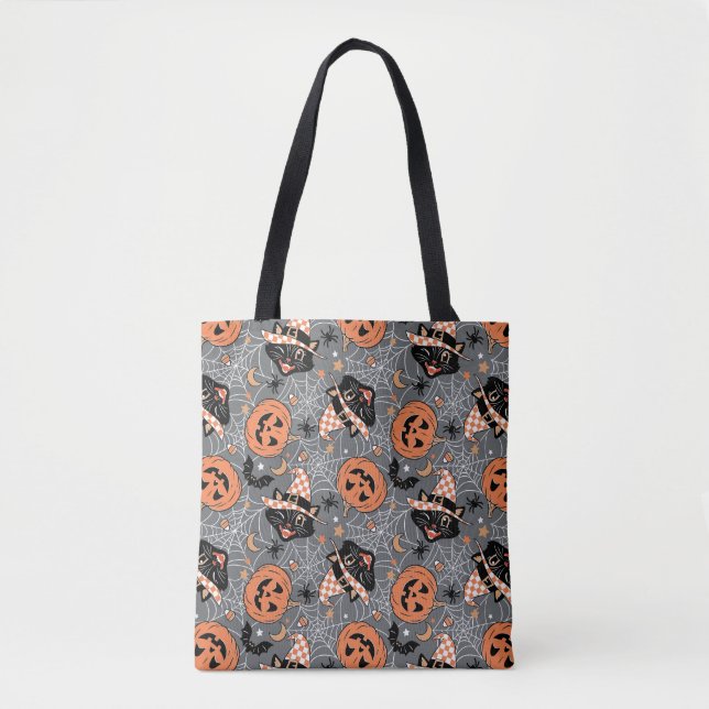 Bolsa Tote Vintage Halloween Cats e Pumpkins Patterno (Frente)