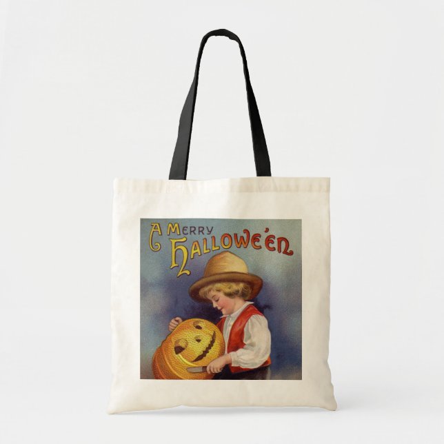Bolsa Tote vintage Halloween esculpindo trapaça de menino (Frente)