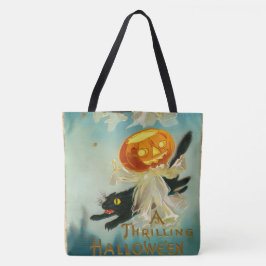 Bolsa Tote Vintage Halloween Pumpkin Fantasmas e Gatos Negros