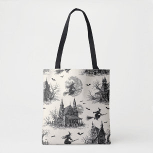 Bolsa Tote Vintage Haunted House and Witch Toile Pattern (2)