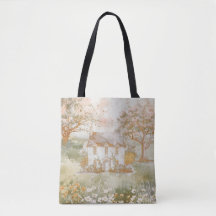 Vintage House in Green Meadow Cottagecore Art