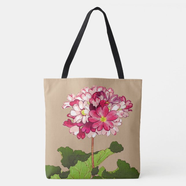 Bolsa Tote Vintage Hydrangea japonesa. Rosa e Verde (Frente)