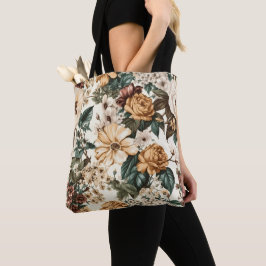 Bolsa Tote Vintage Ivory Flowers, Padrão de Rosas Multicolore