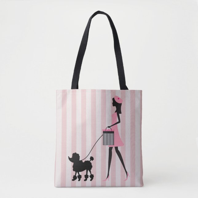 Bolsa Tote Vintage Lady andando poodle preto (Frente)