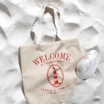 Bolsa Tote Vintage Lighthouse Custom Crimson Welcome<br><div class="desc">Um conjunto único de sacos de tote personalizados, adaptados ao seu estilo de praia ou ao seu casamento de destino. Apresenta um texto de boas-vindas seguido do nome do local ou da pessoa que recebe o saco. Sob isso está um Farol de estilo vintage em vermelho. Todos os elementos do...</div>