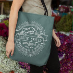 Bolsa Tote Vintage Logo Christmas<br><div class="desc">Festive holiday tote bag features a vintage company logo for Gold's Exotic Spices,  Specializing in Frankincense and Myrrh,  in a circular badge design with trendy monoline block and script typography. Spruce green color is holiday perfect with white lettering and black handles.</div>