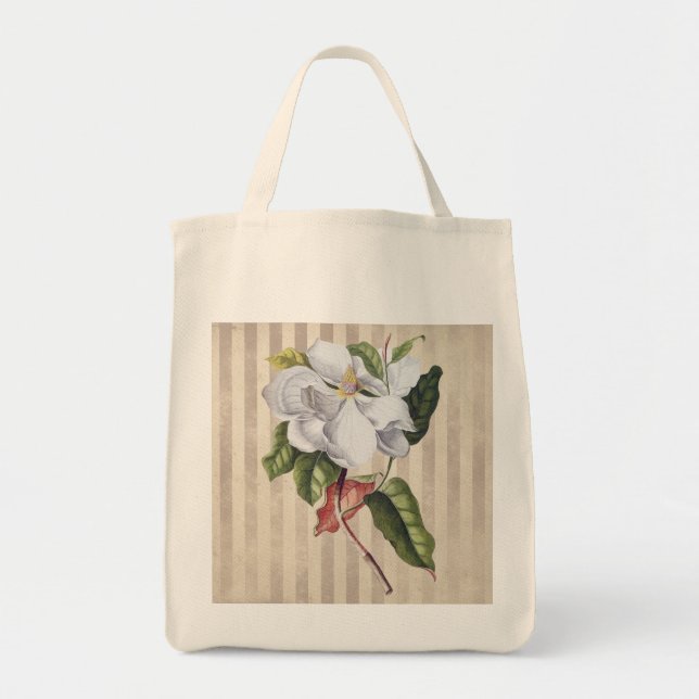 Bolsa Tote Vintage Magnolia Flower on Strips (Frente)