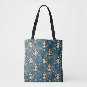 Bolsa Tote Vintage Mermaid Pattern Blue