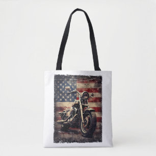 Bolsa Tote Vintage Motorcycle USA Flag Retro Biker American