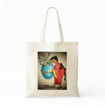 Vintage - Mulher Japonesa, Vaso de Ovo com Flores,