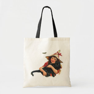 Bolsa Tote Vintage o Dia das Bruxas, bruxa da menina com gato