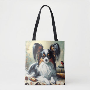 Bolsa Tote Vintage Papillon Dog Painting