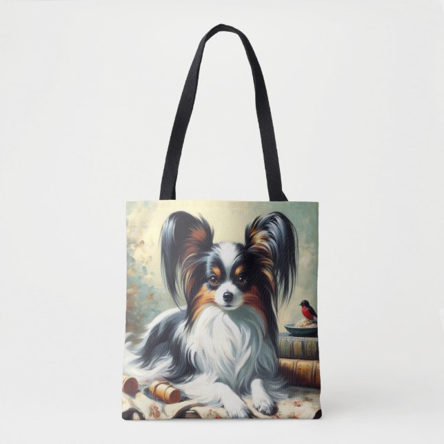 Bolsa Tote Vintage Papillon Dog Painting (Frente)