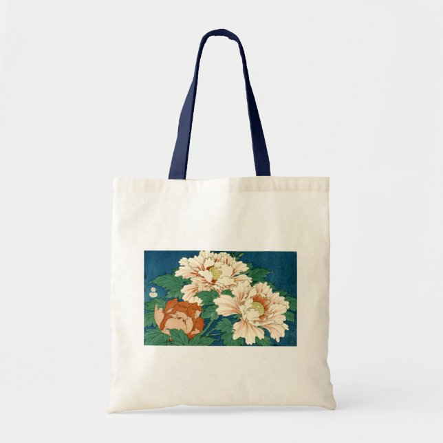 Bolsa Tote Vintage Peonies em Azul (Frente)
