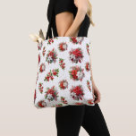 Bolsa Tote Vintage Poinsettias E Holly Christmas White<br><div class="desc">Adicione um toque de alegria de Natal com este lindo e antigo padrão de Natal. Este elegante design apresenta poinsetos,  holly e estrelas sobre fundo branco.</div>