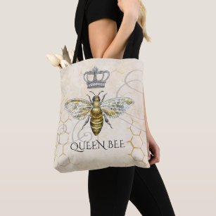 Bolsa Tote Vintage Queen Bee Royal Crown Honeycomb Beige