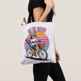 Bolsa Tote Vintage Raccoon Biking See Ya Soon Retro Sunset 