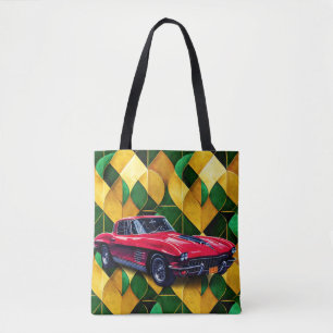 Bolsa Tote Vintage Red Sport Carro Em Um Fundo Verde Retroati