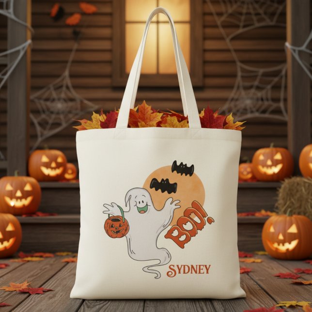 Bolsa Tote Vintage Retro Boo Ghost Personalizado Halloween (Vintage Retro Boo Ghost Personalized Halloween Tote Bag - Just add your trick-or-treater's name!)