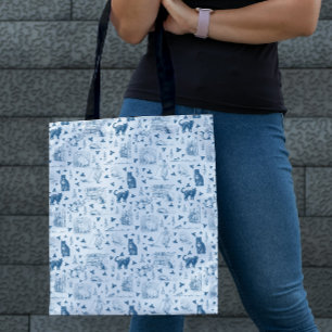 Bolsa Tote Vintage Retro Toile Patterno Cat Catnip White Blue