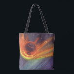 Bolsa Tote Vintage Science Ficting, Foguete Brilhante no Espa<br><div class="desc">Ilustração vinda do espaço exterior futurista e planetas Science Fiction imagem apresentando um foguete redondo no espaço orbitando um planeta e voando sobre as estrelas. É um brilho de cores vermelhas,  amarelas e laranja,  reflexo do sol. Um 50 de quadrinhos retrô clássico e design de ficção científica de transporte.</div>
