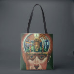 Bolsa Tote Vintage Science Fiction, Alienígena Brain in Labor<br><div class="desc">Ilustração vintage: aliens futuristas de ficção científica e imagens de robôs apresentando um homem com seu cérebro exposto mostrando um laboratório. Um clássico design de revista em quadrinhos que apresenta um ciborgue cientista com a mão no queixo com um olhar intenso em seu rosto e parece que está pensando no...</div>