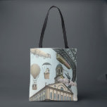 Bolsa Tote Vintage Science Fiction, Victorian Steam Punk City<br><div class="desc">Imagem de viagem de ilustração venenosa e de transporte de ficção científica futurista apresentando pessoas viajando por dirigíveis,  balões de ar quente,  um trem invertido e um antigo automóvel convertível em uma metrópole vitoriana,  punk a vapor,  retrógrada à metrópole urbana.</div>