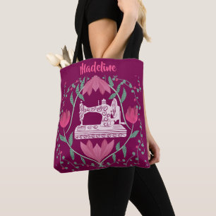 Bolsa Tote Vintage Sewing Machine & Floral Fuchsia