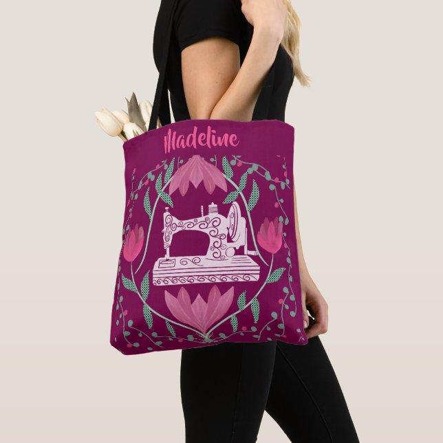 Bolsa Tote Vintage Sewing Machine & Floral Fuchsia (Close Up)