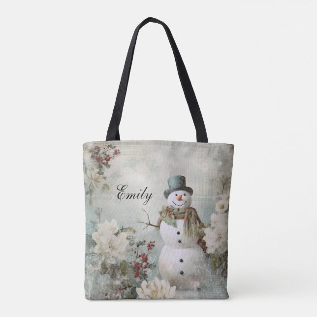Bolsa Tote Vintage Snowman - Natal Verde Personalizado (Verso)