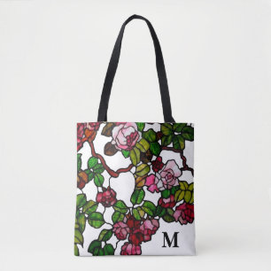 Bolsa Tote Vintage Tiffany, vidro colado, rosa e rosas vermel