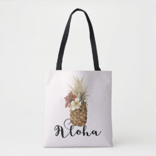 Bolsa Tote Vintage Tropical Abacaxi Hibisco Floral Aloha