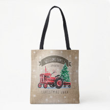 Vintage Vermelho Trator Árvore Natal Nome Burlap