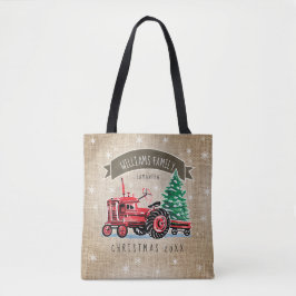 Bolsa Tote Vintage Vermelho Trator Árvore Natal Nome Burlap