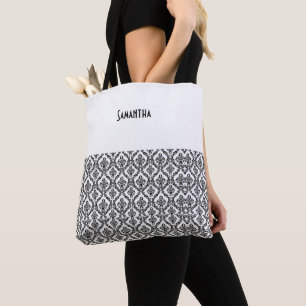Bolsa Tote Vintage Victorian Damask Brocade Black White Name