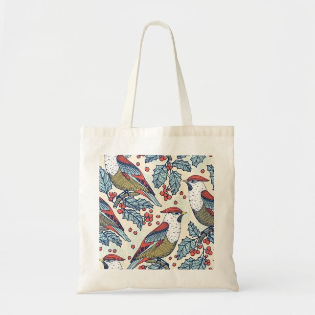 Bolsa Tote Vintage Waxwings Holly Natal Padrão (Frente)