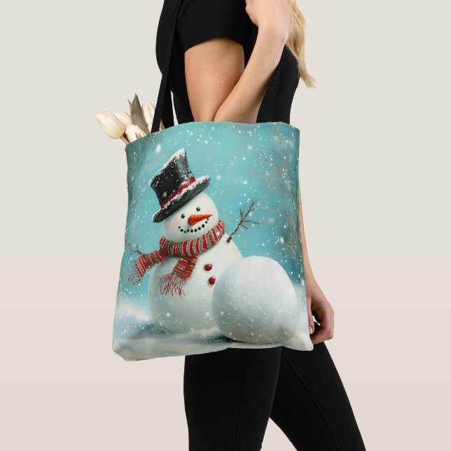 Bolsa Tote Vintage Whimsical Winter Snowman Joy (Close Up)