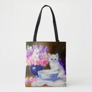 Bolsa Tote Vintage White Kitten com Fita Roxa