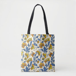 Bolsa Tote Vintage Yellow Orange Folk Floral Blue Leaf