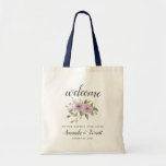 Bolsa Tote Violet & Sage Wedding Tote Bag<br><div class="desc">Bem-vindos convidados para o seu casamento com estes bolsas florais chicos com "bem-vindos" em um roteiro de caligrafia acentuado com um aglomerado de flores roxas lavandas. "..para a nossa alegria para sempre" aparece abaixo com seus nomes e data de casamento.</div>