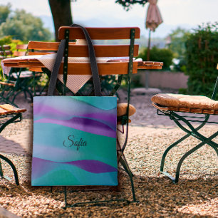 Bolsa Tote Violeta de turquesa roxa de onda simples com nome