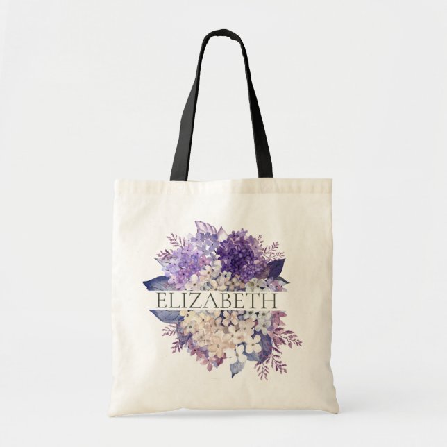 Bolsa Tote Violeta e Branco Floral Monograma Nome de Dama de  (Frente)