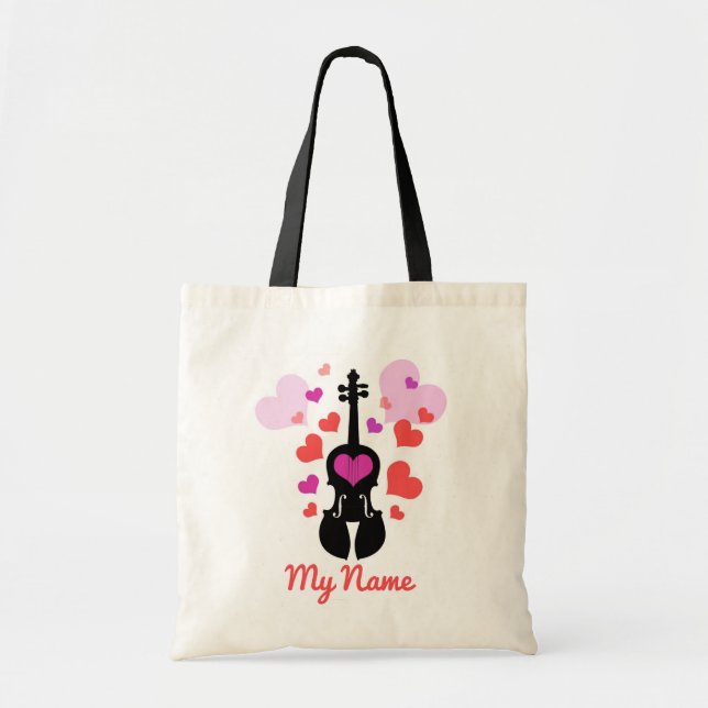 Bolsa Tote Violin Love e Hearts - Adicione seu próprio nome (Frente)
