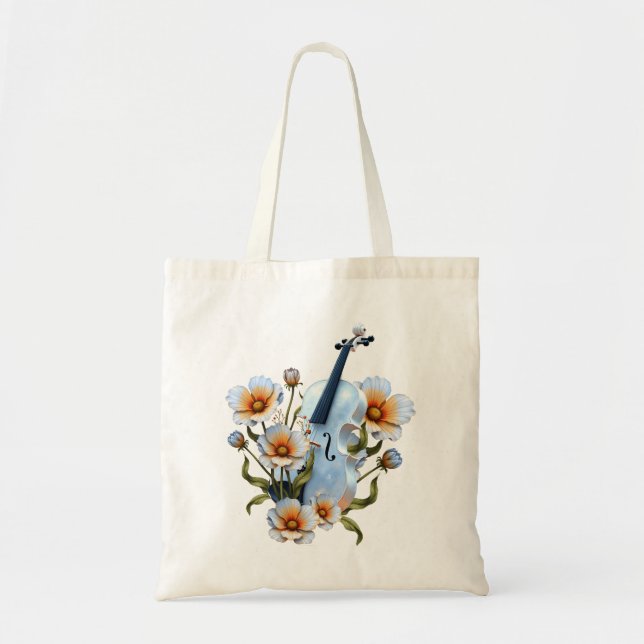 Bolsa Tote Violino Branco com Flores - Música e Natureza Eleg (Frente)