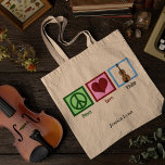 Bolsa Tote Violino de Paz Personalizado Violino<br><div class="desc">Um belo sinal de paz,  coração e violino num saco de tote personalizado bonito para um violinista. Violino do Amor pela Paz.</div>