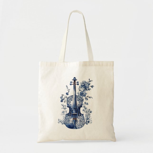 Bolsa Tote Violino do estilo Delft azul e branco com flores (Frente)