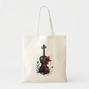 Bolsa Tote Violino preto gótico com rosas vermelhas
